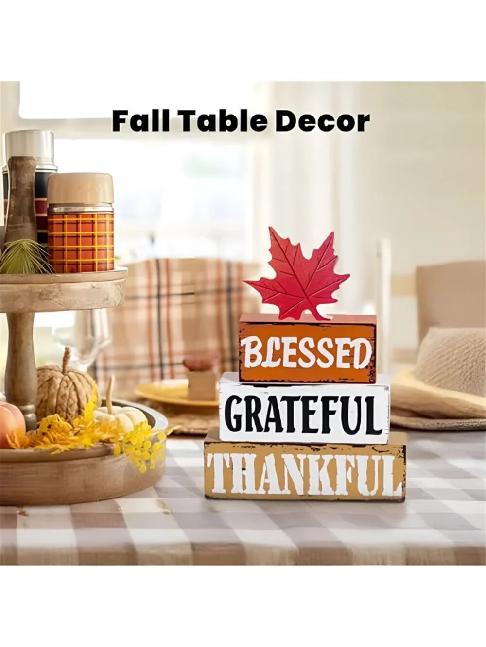 Thanksgiving Fall Decorations for Home, 4 PCS Wooden Fall Table Decor